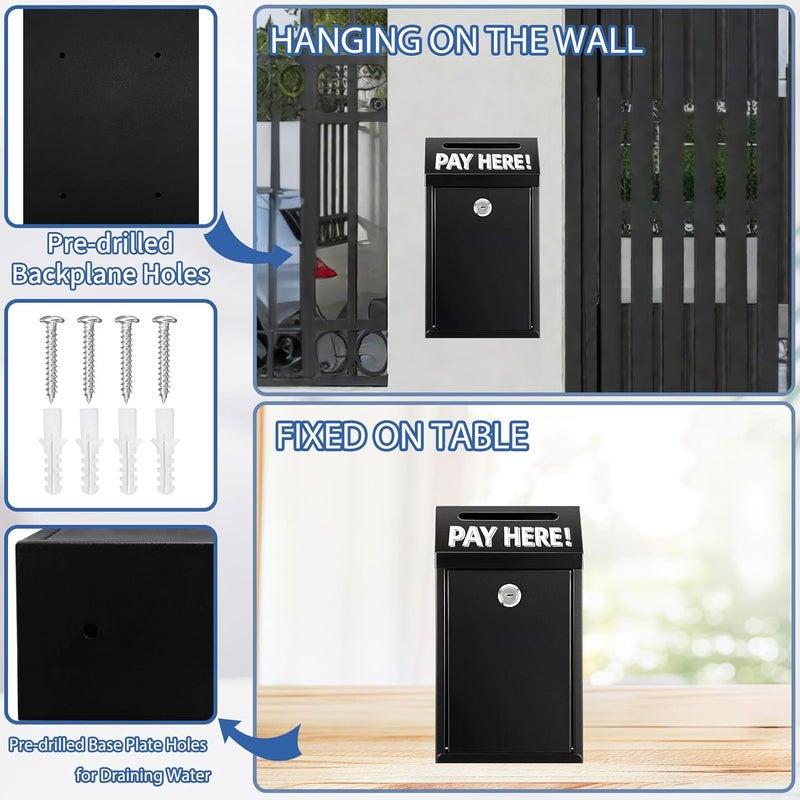 Hualleko Metal Donation Box with Lock – Wall Mounted Cash Money Box with Slot for Cash Deposit, Money Drop with Lock and Slot for Home/Office/Outdoors 10.2 x 5.6 x 2.9 Inch(Black) - Image 3
